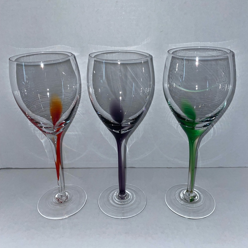Lot of 3 Wine Glasses 9” with Drop of Color Drip Down Stem Purple Red Green